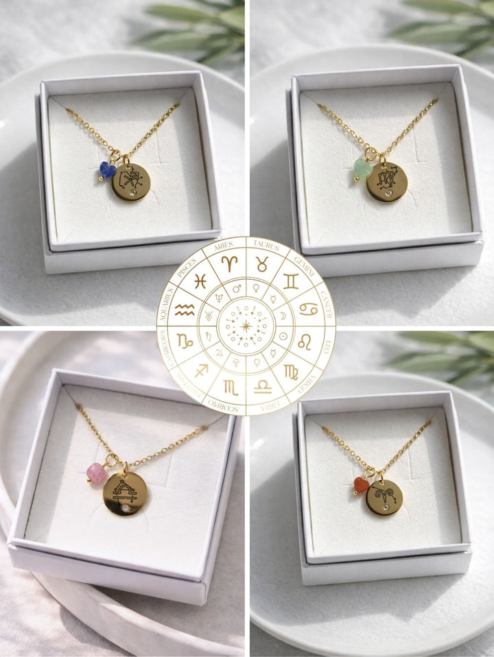 Kaklarota ar Zodiaka zīmi un dabīgiem akmeņiem