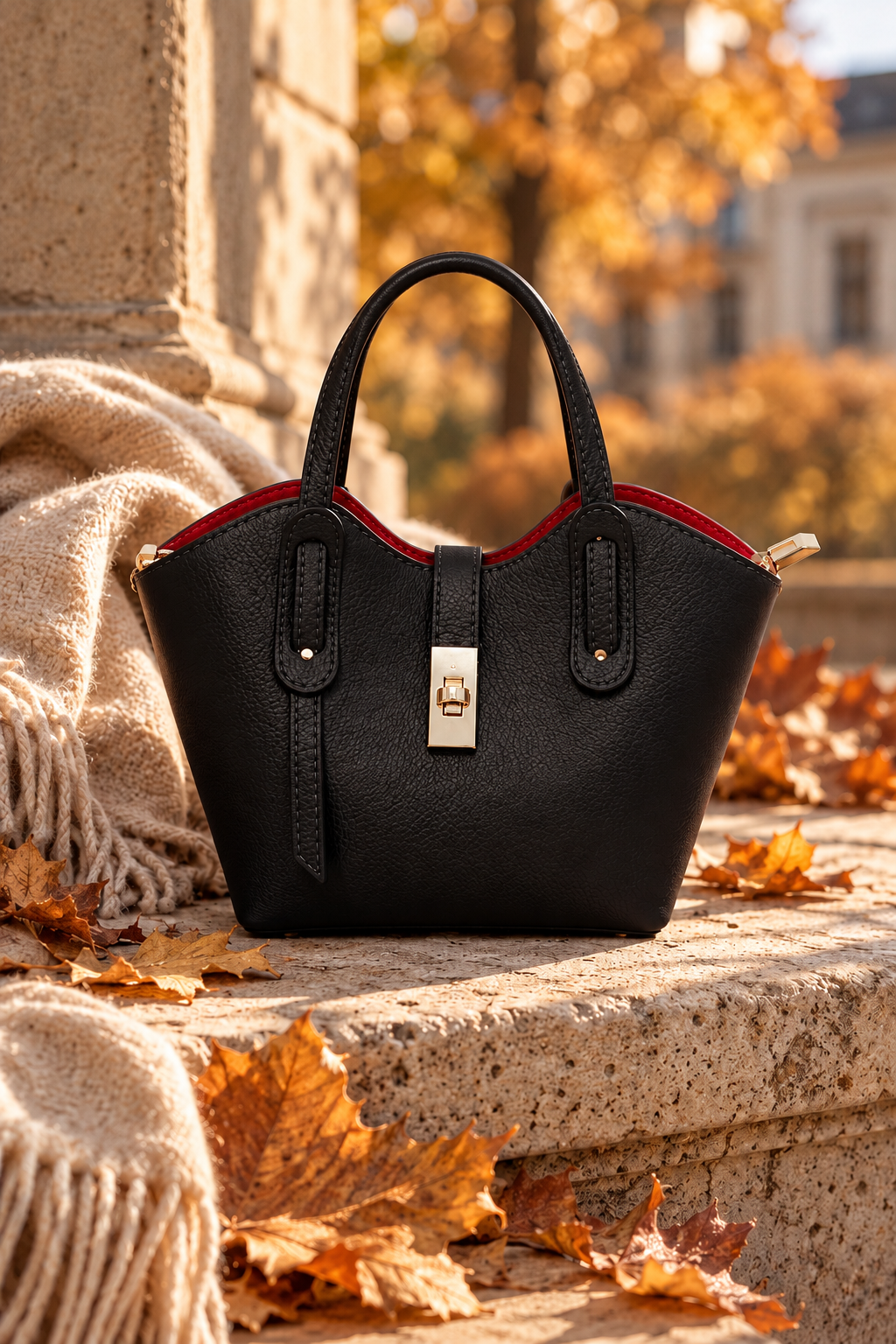 Neliela konjaka brūna sieviešu soma 27 × 18 × 9 cm izmērā ar elegantu zelta furnitūru.