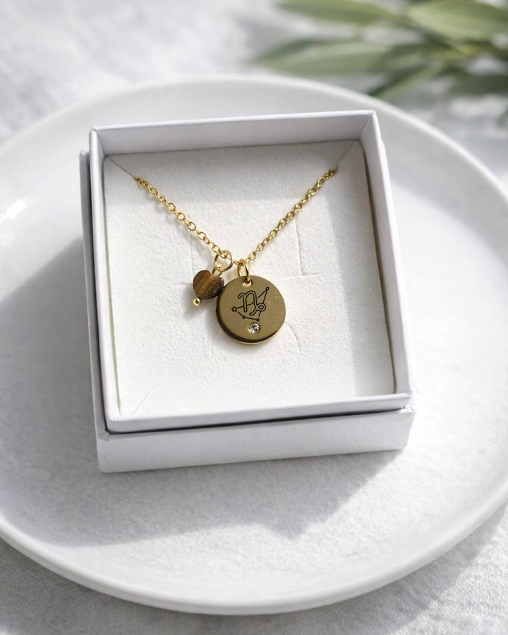 Kaklarota ar Zodiaka zīmi un dabīgiem akmeņiem