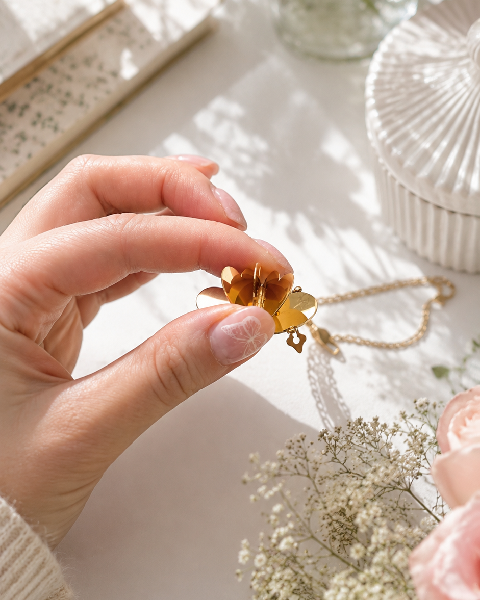 Personalizēta sirds formas kaklarota–grāmatiņa no nerūsējošā tērauda ar gravējumu. Atverams kulons ar 3 iekšējām lapiņām gravējumam, pieejams zelta un sudraba krāsā.