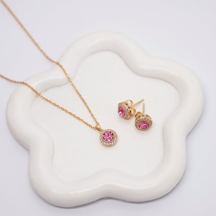 Rotu komplekts auskari un ķēdīte ar kulonu pink mood