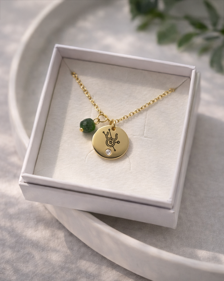 Kaklarota ar Zodiaka zīmi un dabīgiem akmeņiem