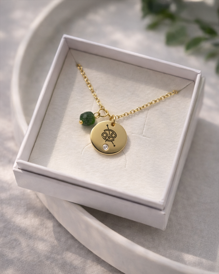 Kaklarota ar Zodiaka zīmi un dabīgiem akmeņiem