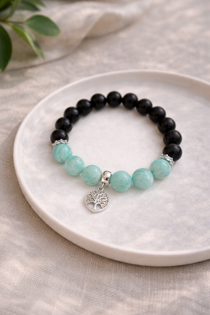 10mm dabīgā akmens rokassprādze ar sudraba krāsas furnitūru un dzīvības koka piekariņu