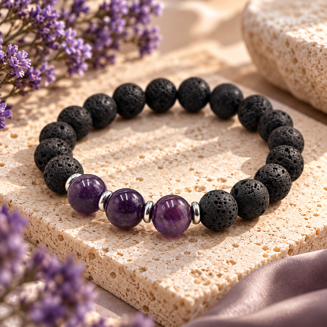 Vīriešu rokassprādze no melniem lavas akmeņiem un violetiem ametista akmeņiem ar sudraba krāsas detaļām uz eleganta gaiša akmens fona.