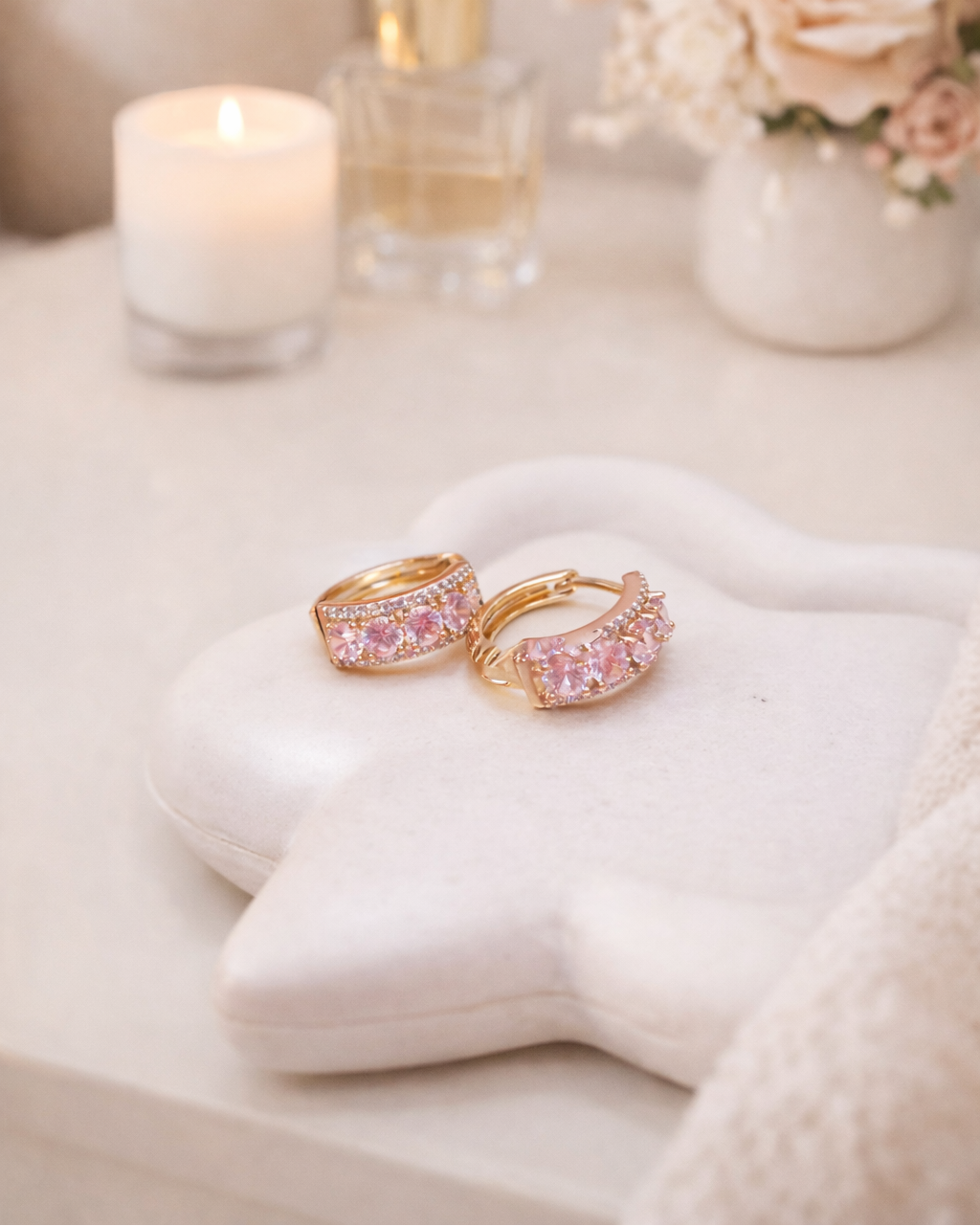 rozā kristālu riņķīšu auskari