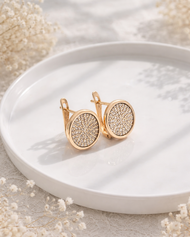 apzeltiti auskari ar cirkoniju apaļā forma ar angļu aizdari
