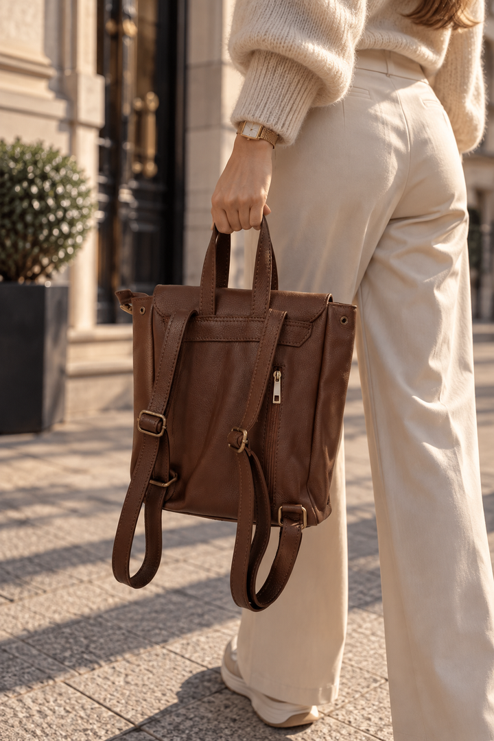 Modele pilsētā ar elegantu mugursomu un klasisku ikdienas apģērbu.