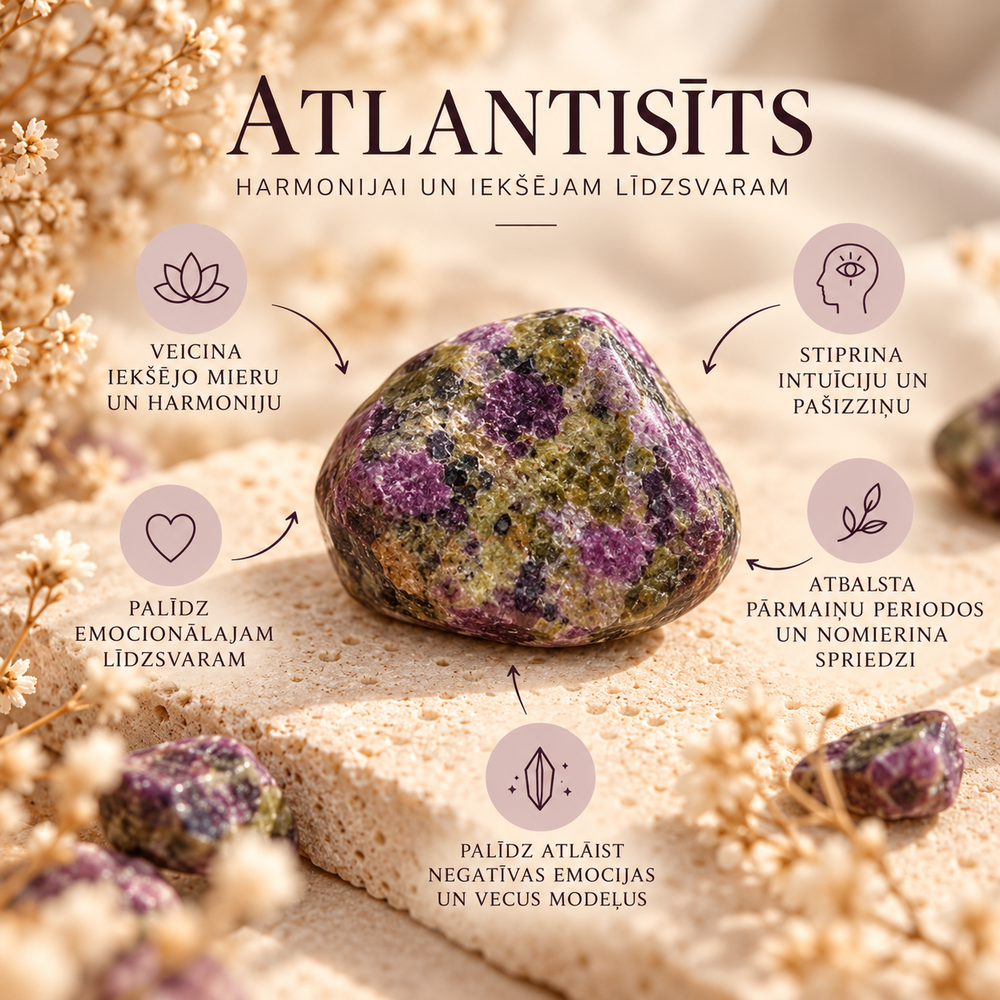 Atlantisīta akmens violetos un zaļganos toņos uz gaišas akmens virsmas ar ziediem. Attēlā izceltas tam tradicionāli piedēvētās enerģētiskās īpašības – iekšējs miers un harmonija, emocionālais līdzsvars, intuīcija, pašizziņa un atbalsts pārmaiņu laikā.