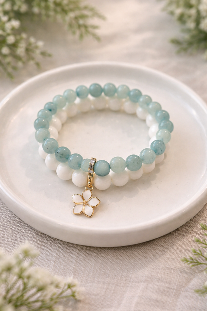 Dabīgā akmens rokassprādžu komplekts ar zieda piekariņu