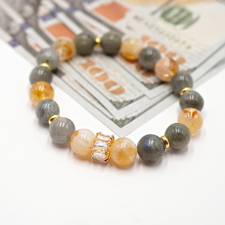 Rokassprādze bagātībai ar 10mm dzeltenu citrīnu un pelēku labradorītu.