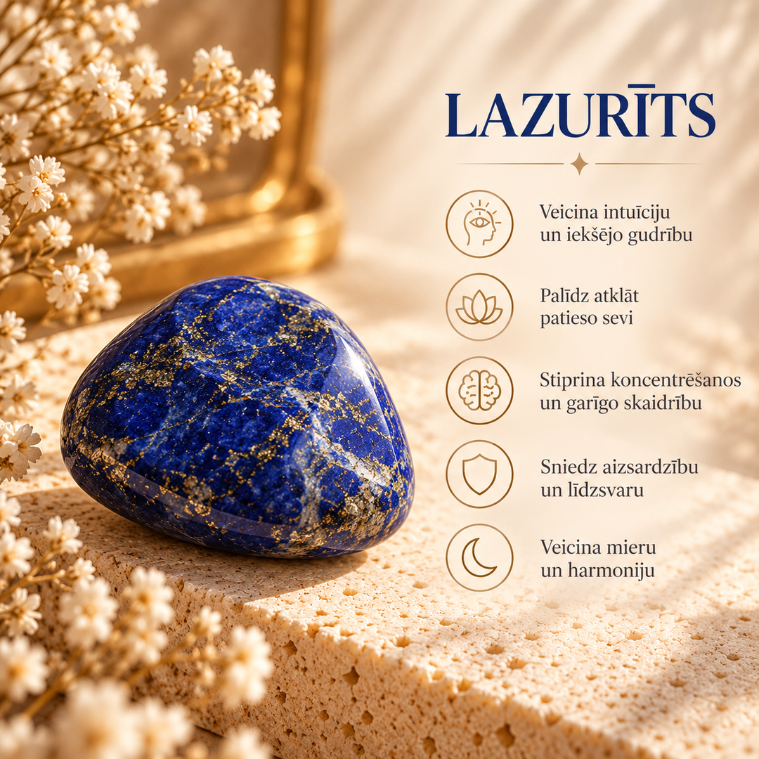 Lazurīta akmens uz gaišas, elegantas akmens virsmas siltā saules gaismā. Attēlā izceltas lazurīta enerģētiskās īpašības – intuīcija, iekšējā gudrība, sevis izzināšana, koncentrēšanās, aizsardzība, miers un harmonija.