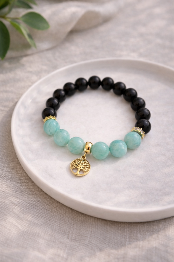 10mm dabīgā akmens rokassprādze ar zelta krāsas furnitūru un dzīvības koka piekariņu