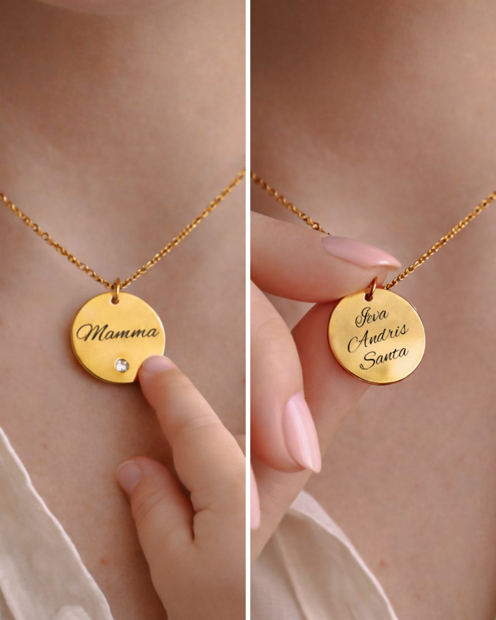 dāvana mātes dienā kaklarota ar apaļo kulonu un gravējumu Mamma un bērnu vārdiem