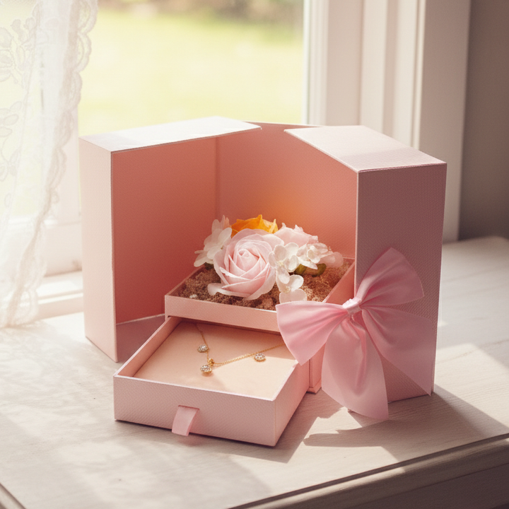 Dāvanu kastīte ar ziepju rozēm un rotu nodalījumu