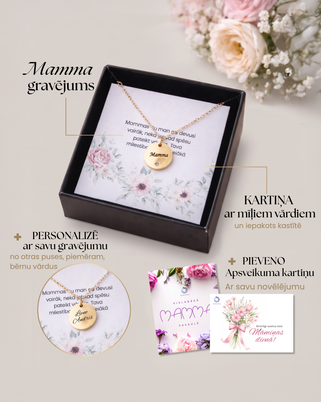 dāvanu komplekts mātes dienai dāvana māmiņai ar gravējumu un bērnu vārdiem apsveikuma kartiņa