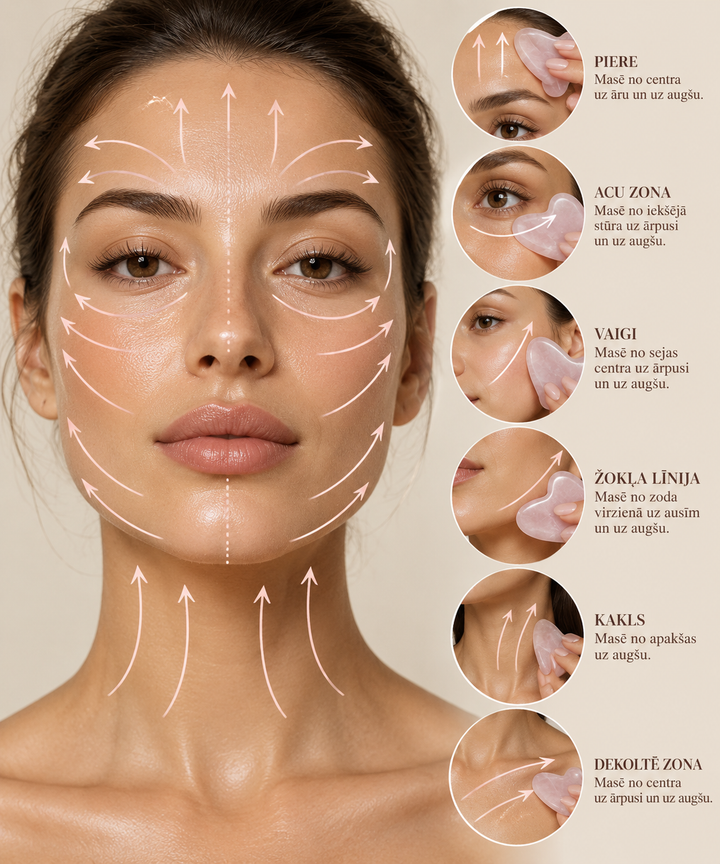 Gua Sha sejas masāža ar  akmens no dabīga rozā kvarca