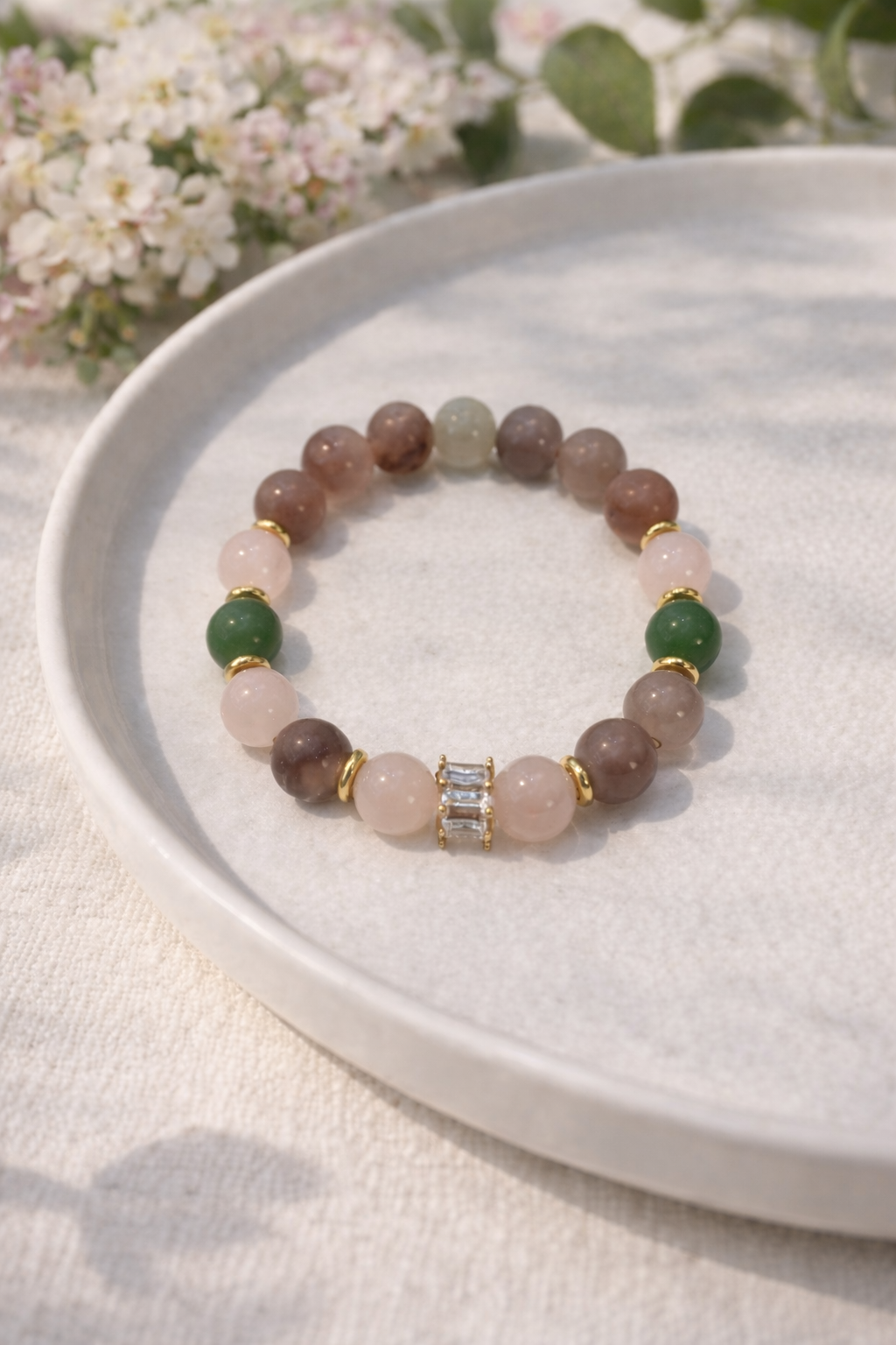 10 mm brūnā ahāta, rozā kvarca un avanturīna rokassprādze vēršiem