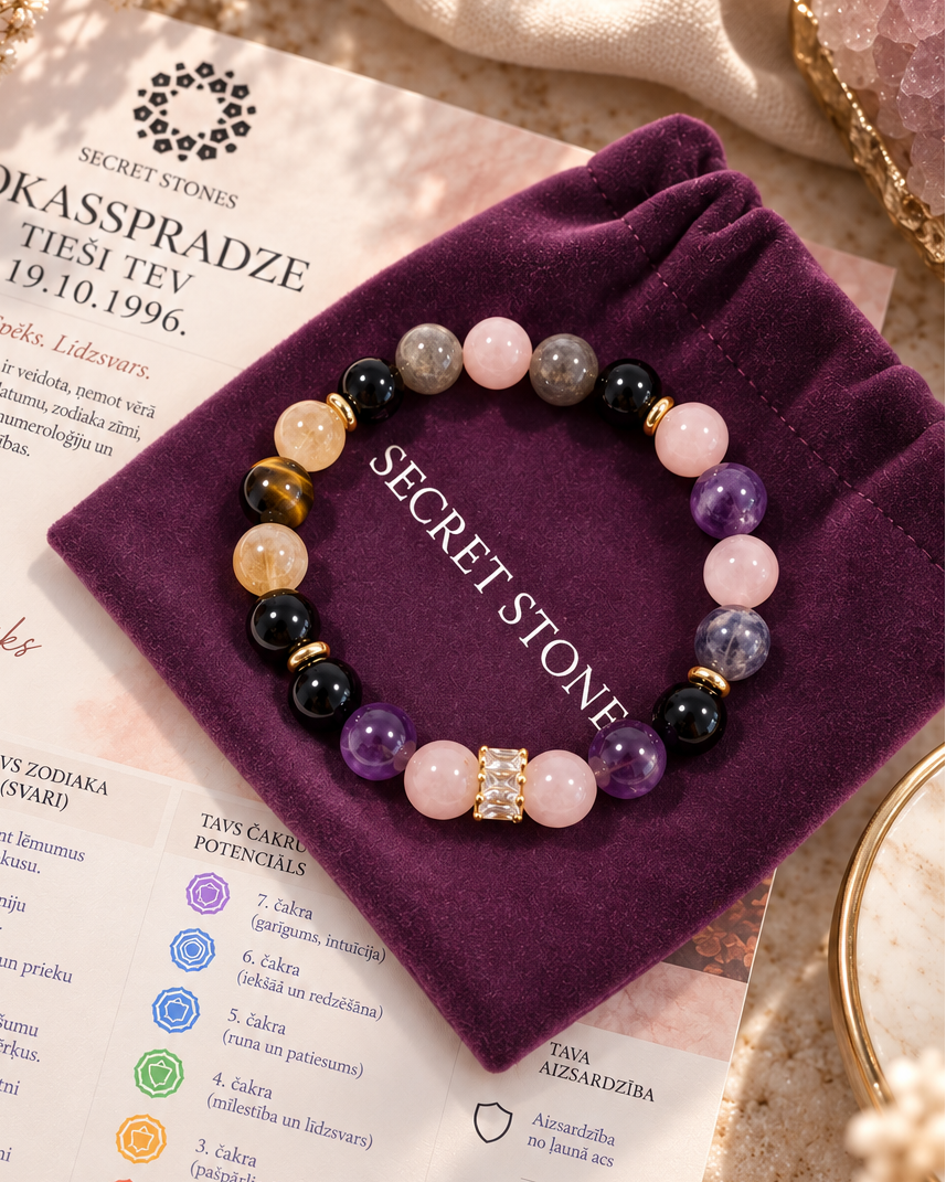 Individuāli veidota Secret Stones dabīgo akmeņu rokassprādze pēc dzimšanas datuma  , čakru analīzes, numenoroligas
