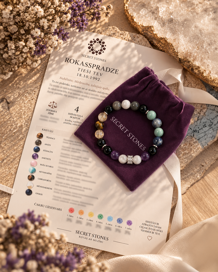 Individuāli veidota Secret Stones dabīgo akmeņu rokassprādze pēc dzimšanas datuma  , čakru analīzes, numenoroligas