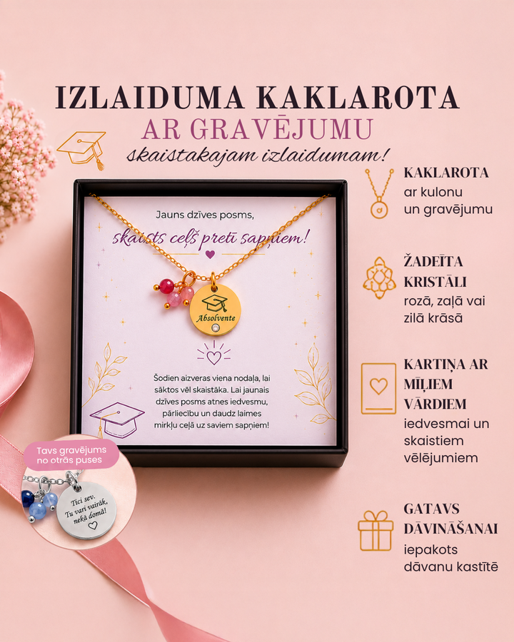 personalizēta dāvana ar gravējumu kakalrota ar apaļo kulonu zelta vai sudraba krāsā, žadeīta kristāli rozā zaļā vai zilā krāsā