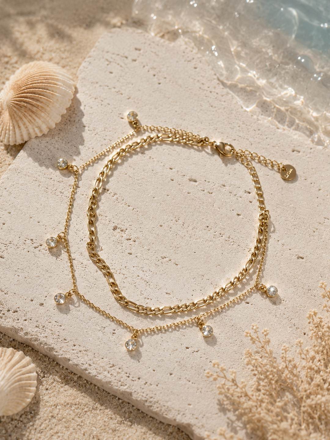 Divslāņu yellow gold kāju ķēdīte ar kristālu akcentiem