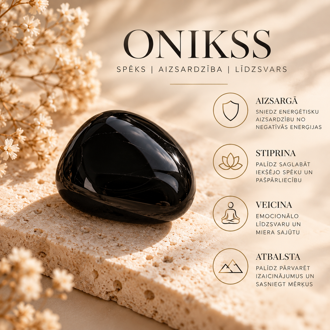 Melns, pulēts oniksa akmens uz gaišas travertīna virsmas siltā, elegantā kompozīcijā ar ziediem. Attēlā izceltas oniksam tradicionāli piedēvētās enerģētiskās īpašības – aizsardzība, iekšējais spēks, emocionālais līdzsvars un atbalsts mērķu sasniegšanā.