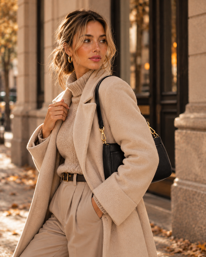 Melna sieviešu plecu soma elegantā rudens city stila tēlā