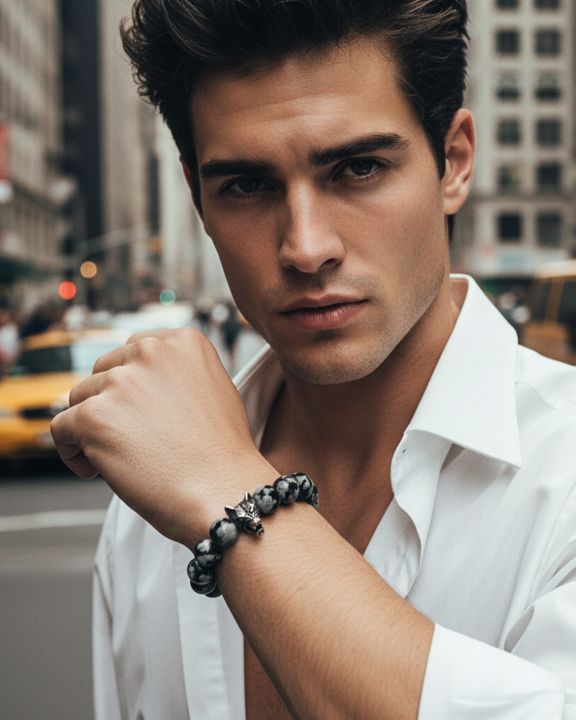 Limitētā kolekcija! Vīriešu rokassprādze ar obsidiānu Snowflake