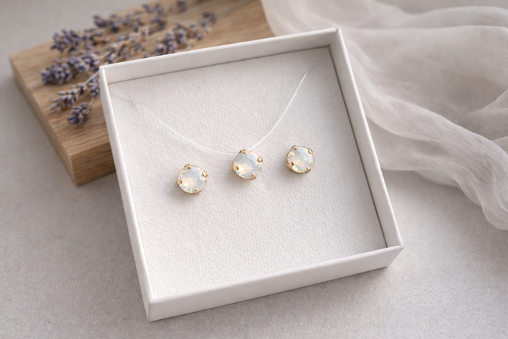 Minimālistiska rotu komplekta produktu fotogrāfija baltā kastītē – zeltītā ietvarā iestrādāti opāla balti kristāli. Komplektā nagliņu auskari un kaklarota uz caurspīdīgas auklas. Fons gaišs ar koka dēlīti, žāvētu lavandu un viegli plīvojošu caurspīdīgu audumu, maigs dabīgais apgaismojums un sekls asuma dziļums.
