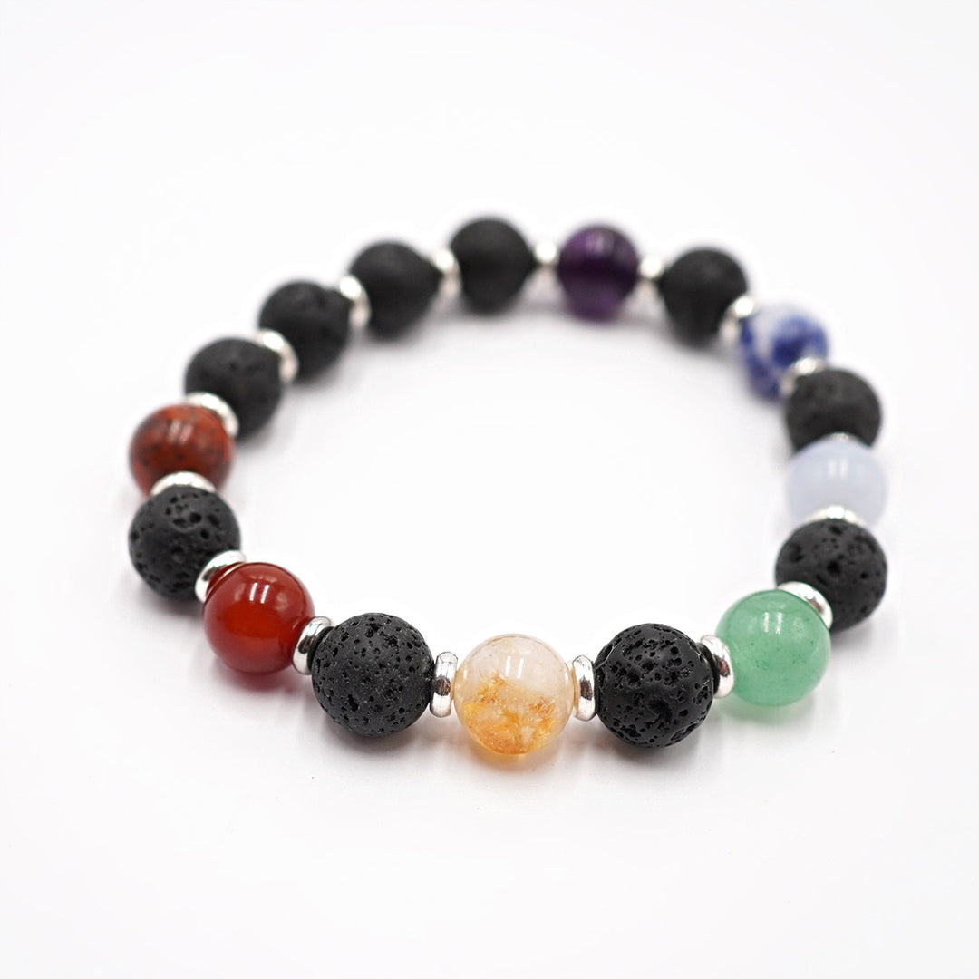 Rokassprādze 7 čakras, ar 10mm lavu un sudraba krāsas elementiem starp katru akmeni