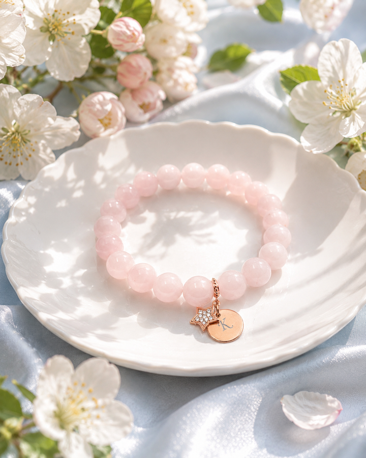 rokassprādze no rozā kvrcu ar personalizēto grevējumu