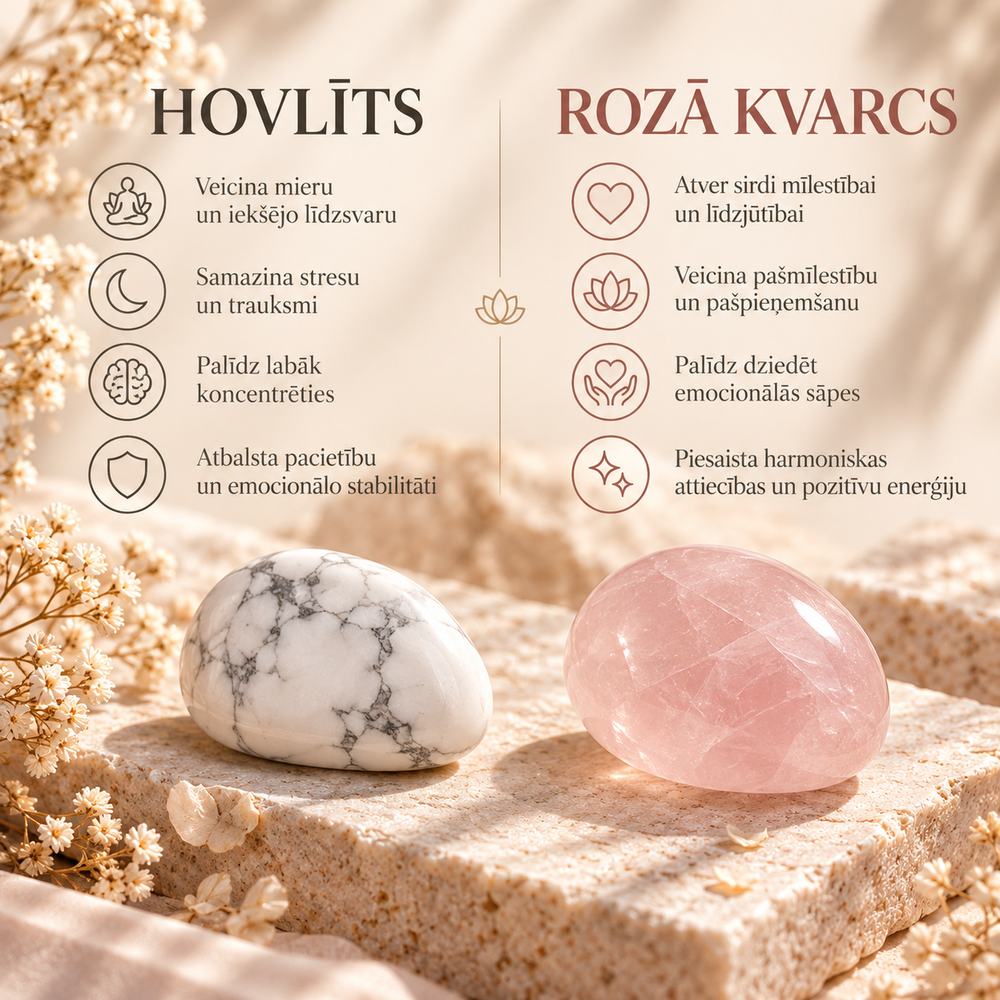Hovlīta un rozā kvarca akmeņi uz gaišas akmens virsmas romantiskā, siltā noformējumā. Attēlā izceltas to enerģētiskās īpašības – hovlīts simbolizē mieru, līdzsvaru, koncentrēšanos un emocionālo stabilitāti, savukārt rozā kvarcs saistīts ar mīlestību, pašpieņemšanu, emocionālo dziedināšanu un harmoniju.