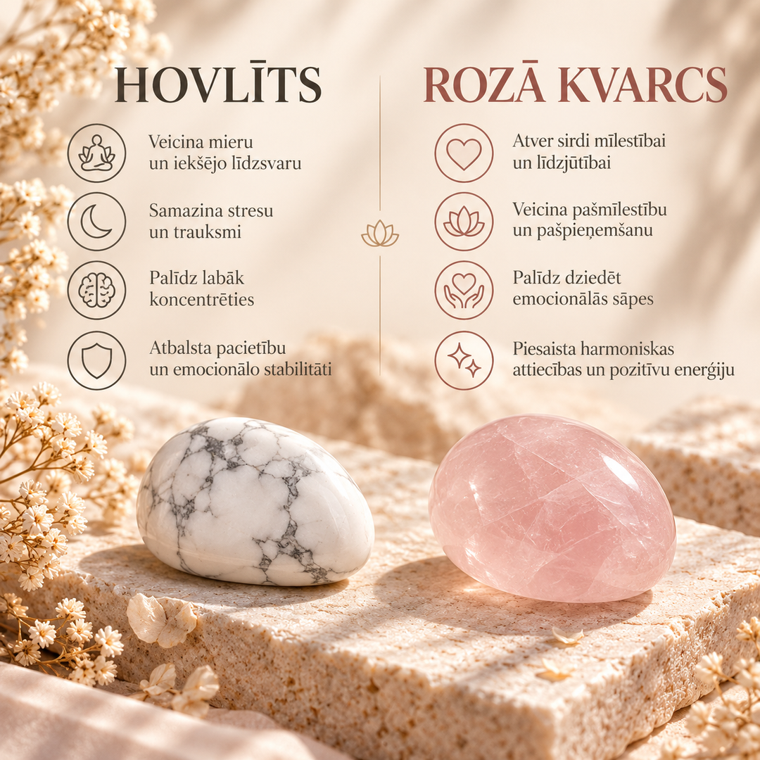 Hovlīta un rozā kvarca akmeņi uz gaišas akmens virsmas romantiskā, siltā noformējumā. Attēlā izceltas to enerģētiskās īpašības – hovlīts simbolizē mieru, līdzsvaru, koncentrēšanos un emocionālo stabilitāti, savukārt rozā kvarcs saistīts ar mīlestību, pašpieņemšanu, emocionālo dziedināšanu un harmoniju.