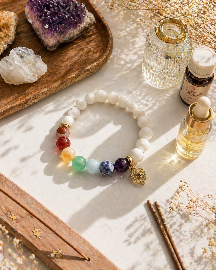 7 čakru rokasspādze meditācijai ar 7 kristāliem katrai āakrai  jašma karneols citrīns avanturīns akvamarīns sodalīts ametists jogai