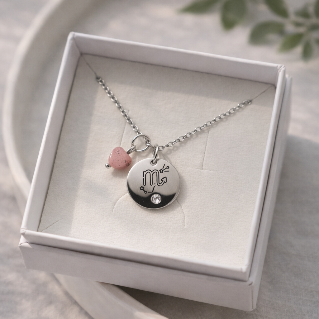 Sudraba kaklarota ar apaļu gravētu kulonu (Skorpiona simbols), nelielu kristālu un rozā akmens piekariņu, ievietota baltā rotaslietu kastītē uz gaiša keramikas šķīvja, ar maigu dabīgo apgaismojumu un izpludinātu zaļu augu fonā.