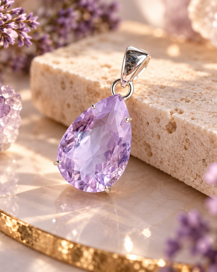 Elegants sudraba kulons ar lielu, lāses formas violetu ametistu, novietots uz grezna marmora fona ar zeltītām detaļām, ametista kristāliem un maigi violetiem ziediem