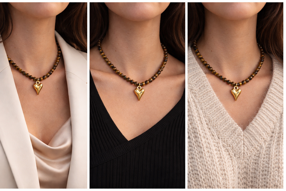 8mm brūna tīģeracs kaklarota parādīta uz 3 dažādiem modeļiem un apģerba gabaliem