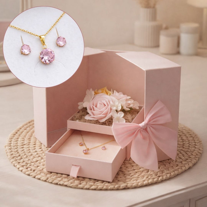 ziepju ziedu rotu kastītte ar rozā krāsā rotu komplekti