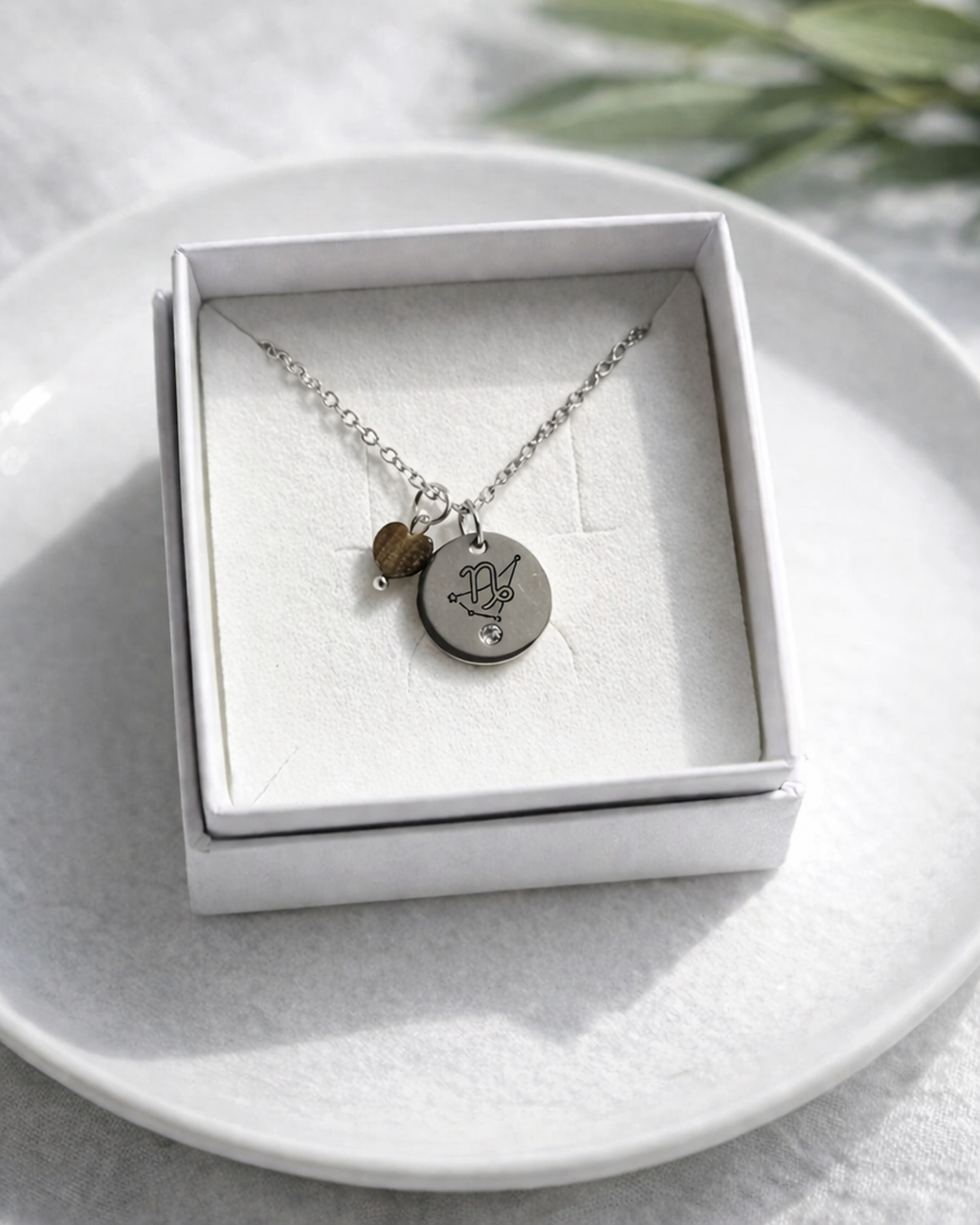 Sudraba kaklarota ar apaļu gravētu kulonu un nelielu akmens piekariņu, ievietota baltā rotaslietu kastītē uz gaiša keramikas šķīvja, ar maigu dabīgo apgaismojumu un izpludinātu zaļo augu fonā.